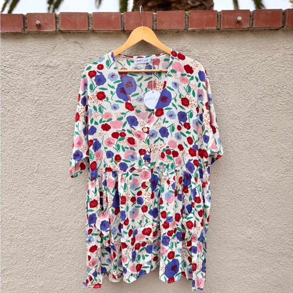 Floral Button Front Tiered Tunic - Red, Purple, Pink